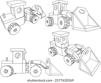 vector illustration design drawing of children's toy car construction tractor made from traditional ethnic wood