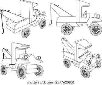 vector illustration design drawing for children's toy classic vintage towing car made from traditional ethnic wood