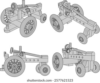 vector illustration design drawing for children's toy car, tractor, vintage classic rice plow, made from traditional ethnic wood