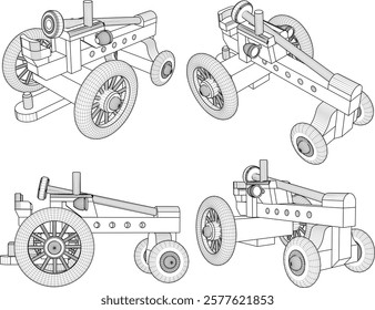 vector illustration design drawing for children's toy car, tractor, vintage classic rice plow, made from traditional ethnic wood