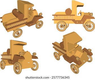 vector illustration design drawing of children's toy classic vintage car made from traditional ethnic wood