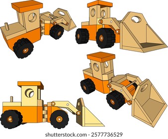 vector illustration design drawing of children's toy car construction tractor made from traditional ethnic wood