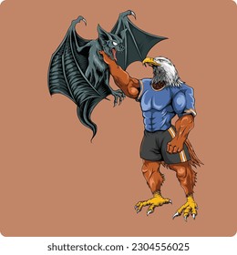 vector illustration design of an eagle wearing a blue baseball shirt choking a bat