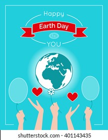 Vector illustration. Design for Earth Day poster. Template for greeting card, flyer or banner for Earth Day. Care for the environment, the planet Earth. Card with the globe and people hands.