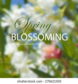 Vector illustration for design. Ecology label. Eco design. Spring flowering. Blossoming. Tropical plants. Blurred background. Spring blurred background. Template for poster. EPS 8.