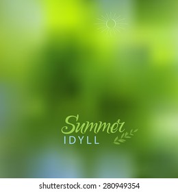Vector illustration for design. Ecology label. Eco design. Life green. Tropical plants. Blurred background. Summer blurred background. Mesh blurred background. Template for poster. EPS 8.