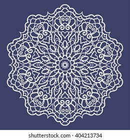 vector illustration, design element, circuit, mandala, abstract, ornament in a circle, blue, white, east, ethnic style, lace
