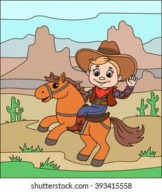 vector illustration, design element, contour, coloring for children, wild west, cowboy on a horse, boy, american