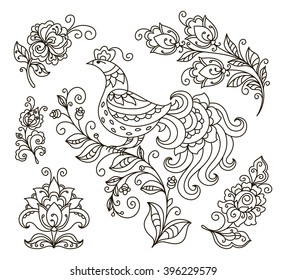 vector illustration, design element, contour, coloring, set the bird on a branch, flowers, leaves, ethnic style
