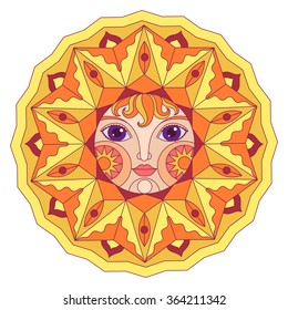 vector illustration, design element, decoration, sun, rays, summer, tale, fantasy, face, smile, mandala, ornament