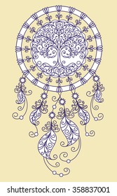 vector illustration, design element, Dream catcher, wood, circle, feather, bead, ribbon, nature, ethnic, hand-drawing