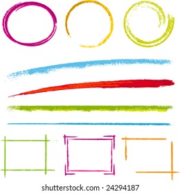 Vector illustration of design element grunge frames: circles and squares. Only global colors. CMYK. Easy color changes.