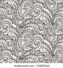 vector illustration, design element, outline, coloring, doodle style, boho style, swirls, seamless pattern, ethnic decoration, flowers, leaves