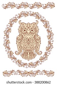 vector illustration, design element, owl doodle style round frame, leaf ornament, tattoo, browns