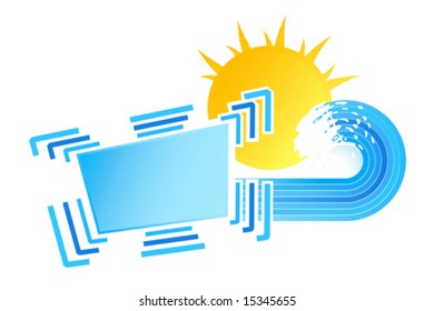 Vector illustration of a design element with retro lined waves, stylized happy sun silhouette and banner or sign for custom text.