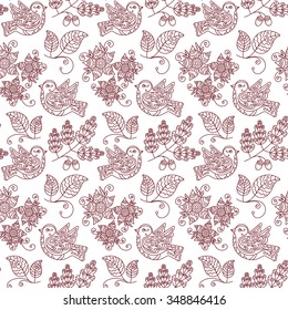 Vector illustration, design element, seamless pattern, birds, leaves, branch, flower, contour drawing, forest, nature