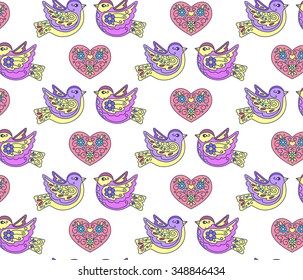 Vector illustration, design element, seamless pattern, valentines day, heart, bird, Pink