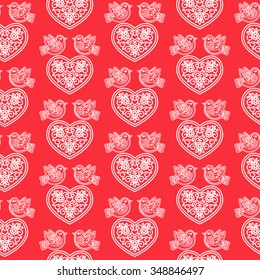 Vector illustration, design element, seamless pattern, valentines day, heart, birds, flowers, swirls, red, white