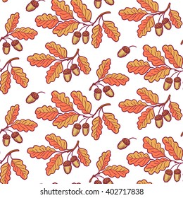 vector illustration, design element, seamless pattern, oak twig, yellow, orange leaves, acorns, autumn, nature, forest, season, plant