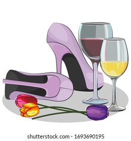 vector illustration, design element, women's shoes, wine glass and flowers, romantic mood, isolate on a white background