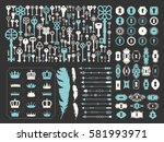 Vector illustration with design elements for decoration. Big silhouettes set of keys, locks, crown, boarders, arrows, feathers on black background. Vintage style.