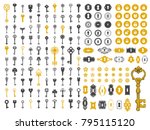 Vector illustration with design elements for decoration. Big silhouettes and icon set of keys, locks, old keyhole on black background. Vintage style.