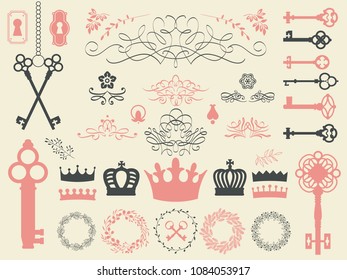 Vector illustration with design elements for decoration. Big silhouettes set of keys, wreaths, crown, branch on white background. Vintage style.