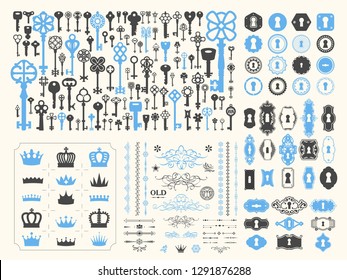 Vector illustration with design elements for decoration. Big silhouettes set of keys, locks, arrows, boarders on bluebackground. Vintage style.