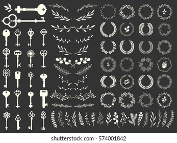 Vector illustration with design elements for decoration. Big silhouettes set of keys, wreaths, boarders, branch on black background. Vintage style.