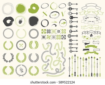 Vector illustration with design elements for decoration. Big silhouettes set of wreaths, boarders, arrows, keys, ribbon on white background. Vintage style.