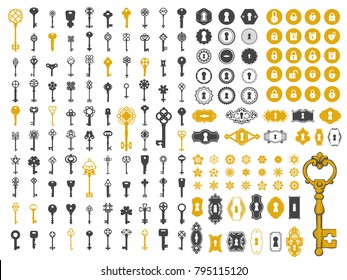Vector illustration with design elements for decoration. Big silhouettes and icon set of keys, locks, old keyhole on black background. Vintage style.
