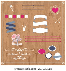 Vector illustration of design elements for wedding invitations, birthdays, scrapbook on a wooden background