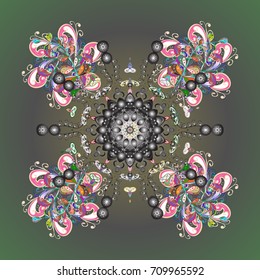 Vector illustration. Design for Fabric or Wallpaper. Ethnic of Lace Snowflakes. Stylized Flowers. Lacy Fashion Print for Textile. Folk Style. Decorative Texture Background of Mandalas.