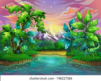 Vector Illustration for design. Fantastic tropical forest with river and mountains.