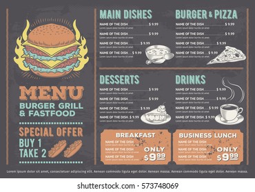 Vector illustration of a design fast food restaurant menu, a cafe with a hand-drawn graphics.
