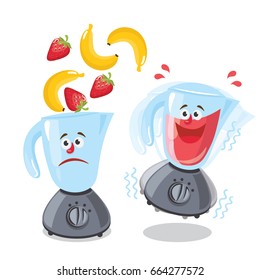 Vector illustration for design fast food menu.Organic raw strawberry and banana shake. Food processor, mixer, blender and fruit. Smoothie emoticon.