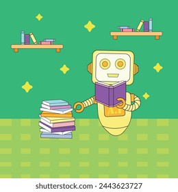 Diseño de ilustración vectorial con un robot de inteligencia artificial leyendo numerosos libros para aprender