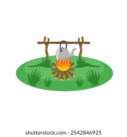 Vektorgrafik-Design mit einem Lagerfeuer aus Holz und einem hängenden Wasserkocher für kochendes Wasser im Freien. Ideal für die Darstellung von Abenteuer, Wildnis und Aktivitäten wie Camping, Urlaub, etc.