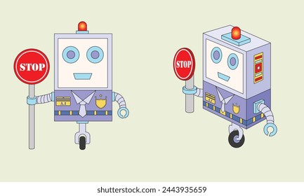 Vector illustration design featuring a formidable Guard Robot, standing tall while firmly holding a vibrant Red Stop Sign. The sleek metallic design of the robot exudes authority