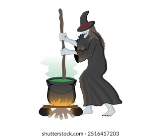 vector illustration design of a female witch in a black robe and hat cooking a green magic potion in a pot usually used for Halloween themes