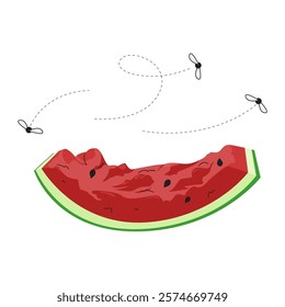 Vector Illustration Design of Flies Swarm Around Watermelon Remains, Icon Vector, Flat Design, Graphic Design