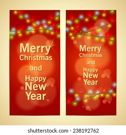 Vector illustration. Design of flyers cards with Christmas garlands LED on a red background.