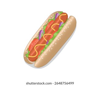 Vector illustration design of a food called hotdog with sausage meat filling and sliced ​​red onion and tomato and celery leaves