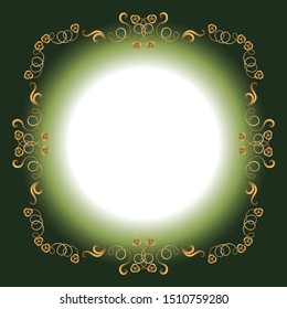 Vector illustration design frame of gold ornate delicate ornament weaving with flowers on a dark green background edging the edge