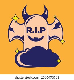 vector illustration design of a ghost riding a cloud with wings and horns in peach and blue colors and simple style. suitable for logos, icons, posters, advertisements, banners, companies, t-shirt,web