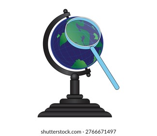 vector illustration design of a globe or a replica of a round earth with a tool or magnifying glass as a search symbol which is usually found on websites or sites or for educational purposes
