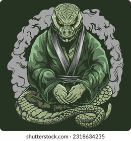 vector illustration design of green alligator wearing karate uniform sitting cross legged