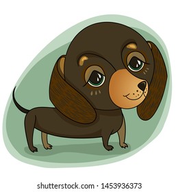 Vector illustration for design, greeting card. Little cute dachshund, puppy, doggy on an abstract background.