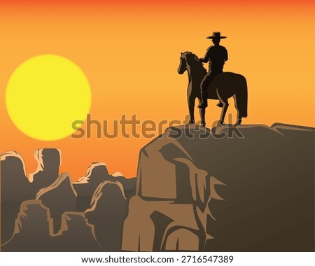 Vector illustration design of a half silhouette of a rocky desert landscape with a horse and a man riding it looking towards the sunset
