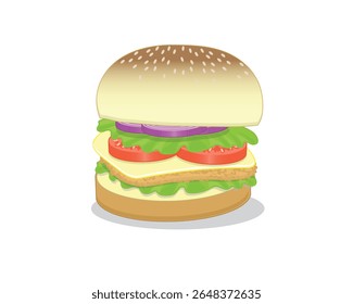 design de ilustração vetorial de um hambúrguer com camadas e preenchimento de cebola ​vermelha​aipo folhas de queijo de tomate e carne